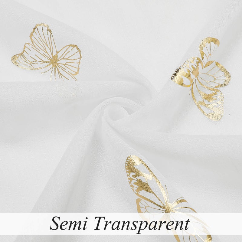 Jubilantex Butterfly White Sheer Curtain Panels for Kids Nursery Girl, Gold Print Toddler Linen Textured Voile Rustic Rod Pocket Drapes 84 Inch for Farmhouse, Living Room, Bedroom, 2 Panels - Image 5